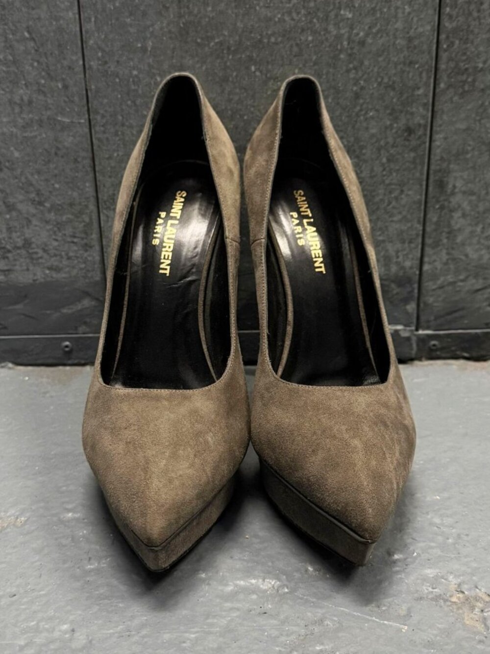 SAINT LAURENT JANIS Dark Grey Suede Leather Platform Stiletto Pumps Shoes 38.5 - Picture 2 of 9